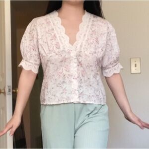 Floral Lace Trim puff sleeve v neck Top short sleeve shirt blouse